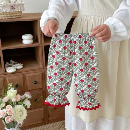 Baby Toddler Girl Vintage Floral Ruffle Hem Harem Pants - Red - 3-4T - image 3