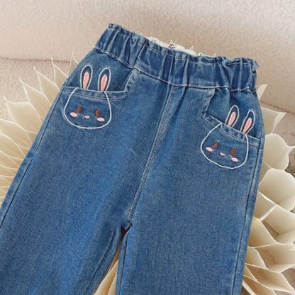 Toddler Girl Blue Embroidered Rabbit Denim Pants - image 3