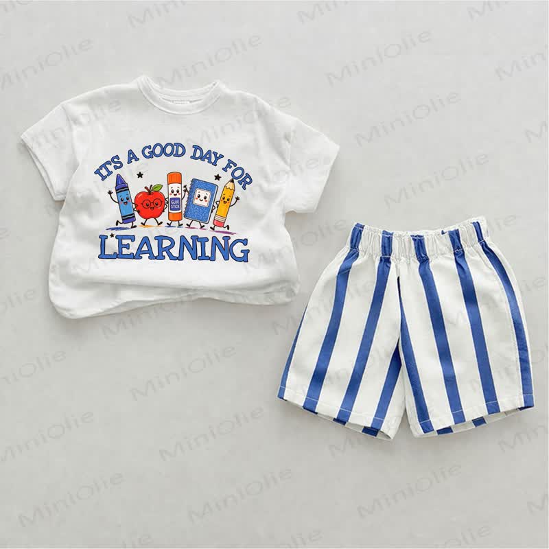 IT'S A GOOD DAY FOR LEARNING Baby White&Blue Vertical Striped 2-piece Shorts Set - White - 2-3T - image 1