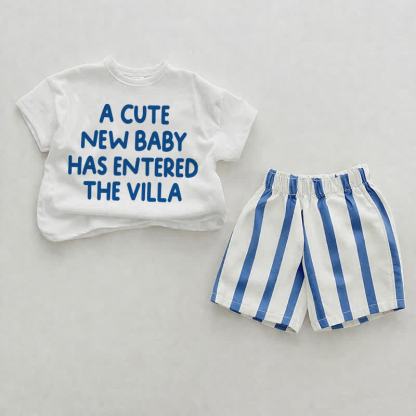 A CUTE NEW BABY HAS ENTERED THE VILLA Baby White&Blue Tee and Striped Shorts 2-piece Set - White&Blue - 2-3T - image 1