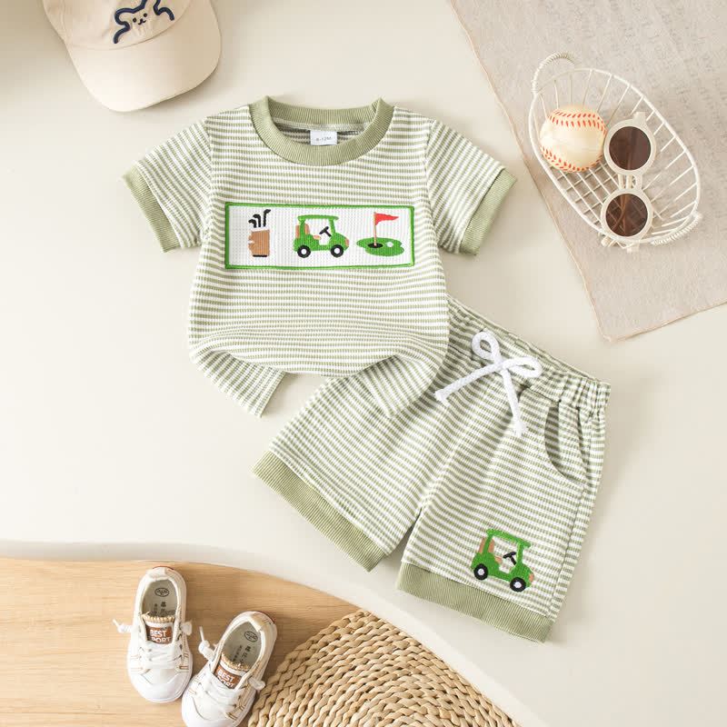 Baby Toddler Boy Sports Print Striped Tee and Shorts 2-piece Set - Green - 3-4Y - image 2