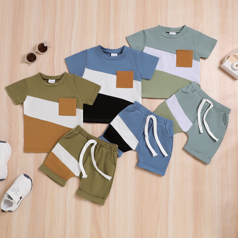 Baby Toddler Boy Diagonal Color Block Pocket Tee and Shorts 2-piece Set - image 1