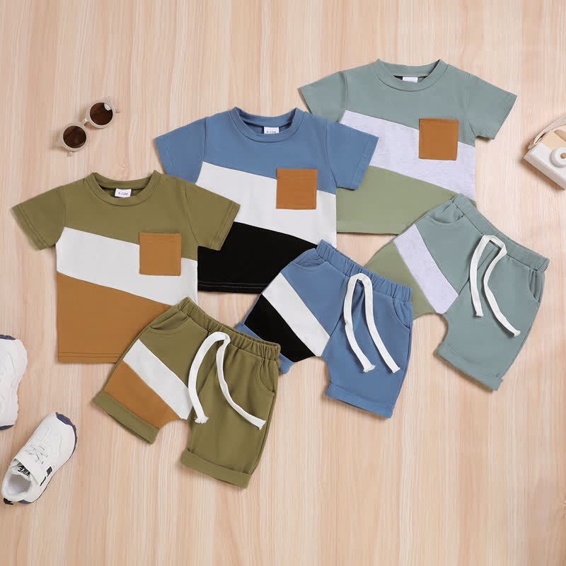 Baby Toddler Boy Diagonal Color Block Pocket Tee and Shorts 2-piece Set - image 1