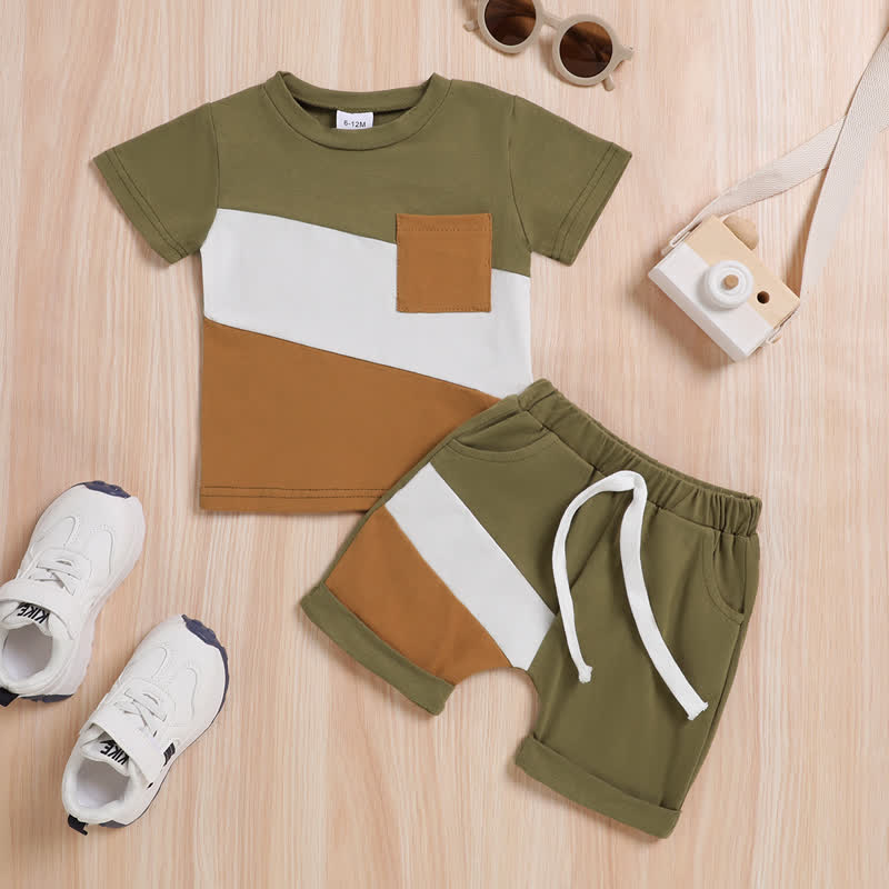 Baby Toddler Boy Diagonal Color Block Pocket Tee and Shorts 2-piece Set - Olive - 3-4Y - image 2