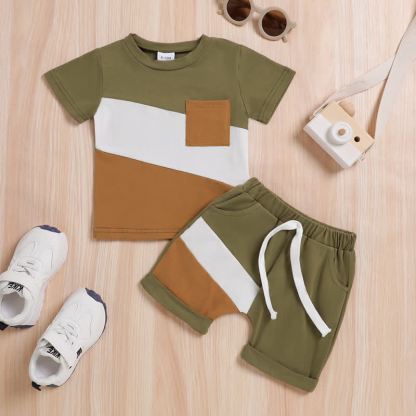Baby Toddler Boy Diagonal Color Block Pocket Tee and Shorts 2-piece Set - Olive - 3-4Y - image 2
