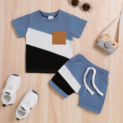 Baby Toddler Boy Diagonal Color Block Pocket Tee and Shorts 2-piece Set - Blue - 3-4Y - image 3