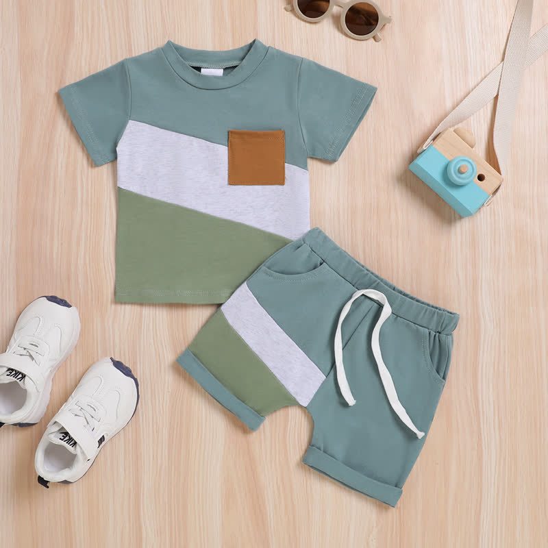 Baby Toddler Boy Diagonal Color Block Pocket Tee and Shorts 2-piece Set - Light Blue - 3-4Y - image 4