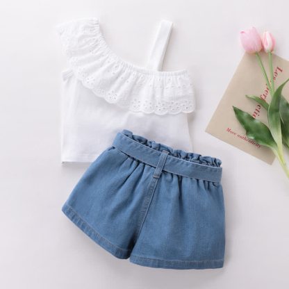 Toddler Baby Girl One Shoulder Sleeveless Top and Denim Shorts 2-piece Set - White - 4-5T - image 2