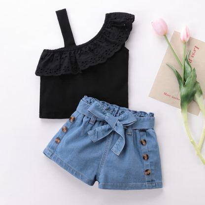 Toddler Baby Girl One Shoulder Sleeveless Top and Denim Shorts 2-piece Set - Black - 4-5T - image 3