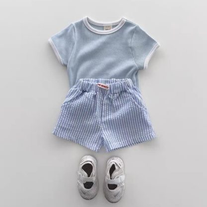 Baby Toddler Boys Solid Color Tee and Striped Shorts 2-piece Set - Blue - 4-5T - image 2