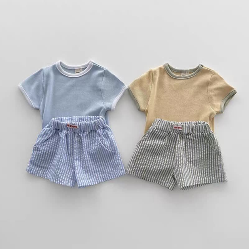 Baby Toddler Boys Solid Color Tee and Striped Shorts 2-piece Set - image 1