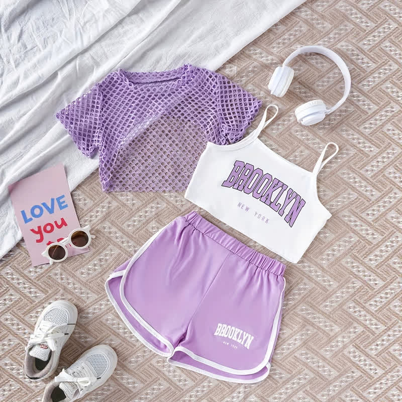 BROOKLYN NEW YORK Toddler Girl Top and Shorts 3-piece Set - Purple - 9-10Y - image 5