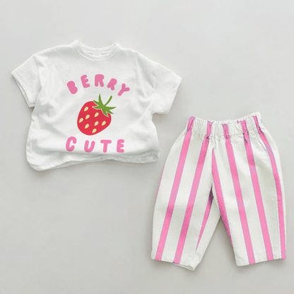 BERRY CUTE Baby Girls Pink Vertical Striped 2-piece Set - White&Pink - 2-3T - image 1