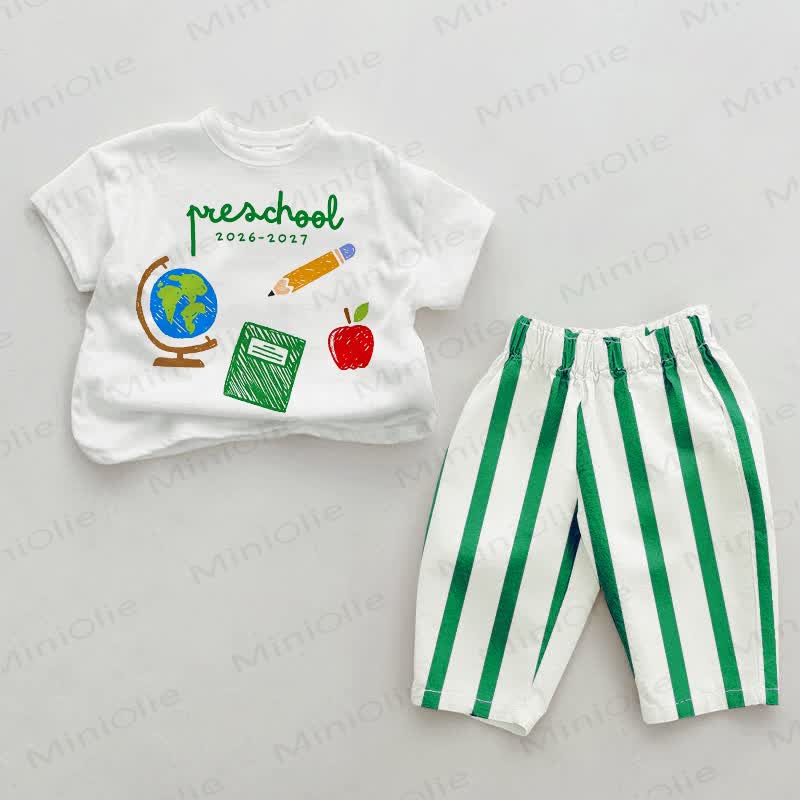  PRESCHOOL 2026-2027 Baby School Print Vertical Striped  2-piece Pants Set - White&Green - 2-3T - image 1