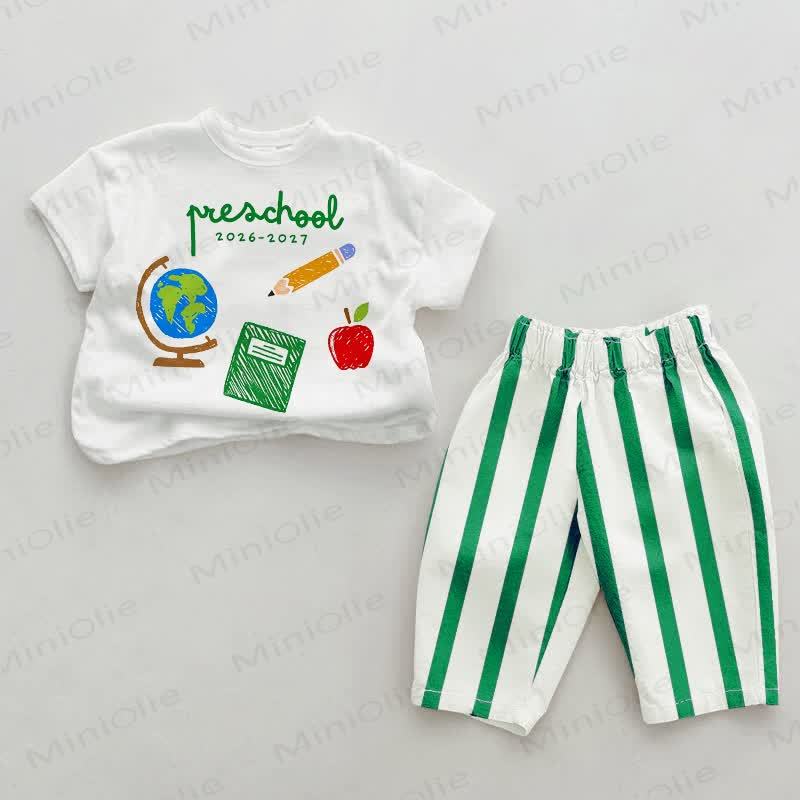 PRESCHOOL 2026-2027 Baby School Print Vertical Striped  2-piece Pants Set - White&Green - 2-3T - image 1