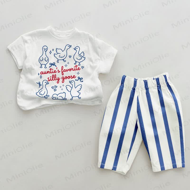 AUNTIE'S FAVORITE SILLY GOOSE Baby Goose Print Blue Vertical Striped 2-piece Set - White&Blue - 2-3T - image 1