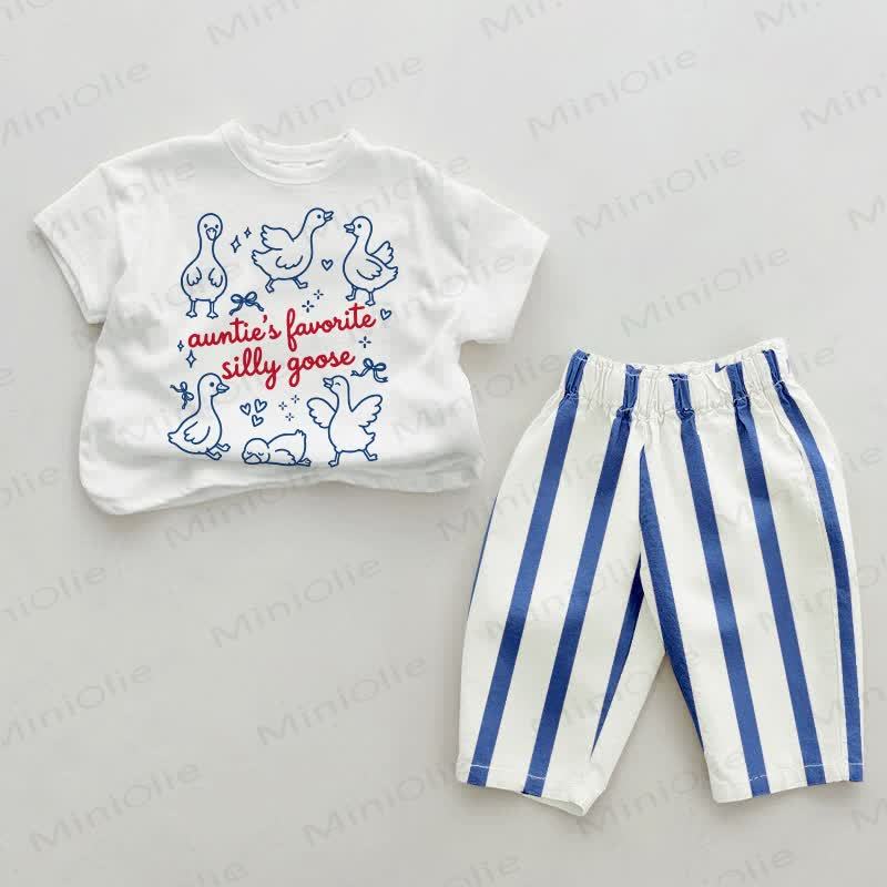 AUNTIE'S FAVORITE SILLY GOOSE Baby Goose Print Blue Vertical Striped 2-piece Set - White&Blue - 2-3T - image 1