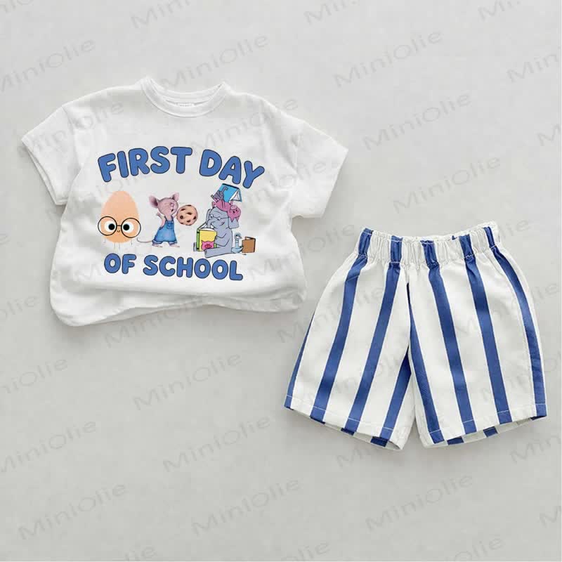FIRST DAY OF SCHOOL Baby Blue Vertical Striped 2-piece Shorts Set - White&Blue - 2-3T - image 1