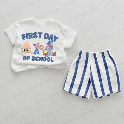 FIRST DAY OF SCHOOL Baby Blue Vertical Striped 2-piece Shorts Set - White&Blue - 2-3T - image 1