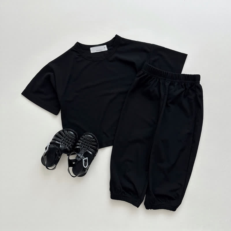 Toddler Baby Solid Color Tee and Pants 2-piece Pyjama Set - Black - 6-7T - image 3