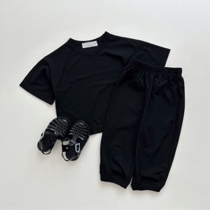 Toddler Baby Solid Color Tee and Pants 2-piece Pyjama Set - Black - 6-7T - image 3