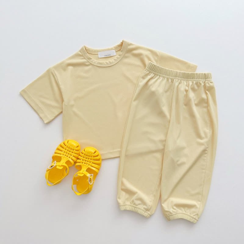 Toddler Baby Solid Color Tee and Pants 2-piece Pyjama Set - Beige - 6-7T - image 5