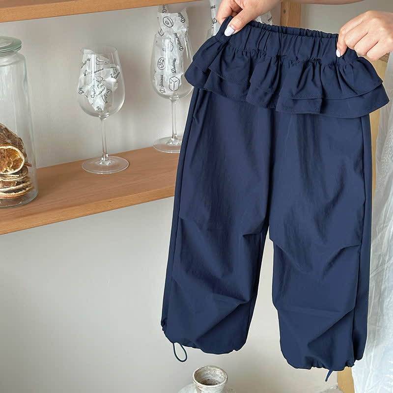 Toddler Girl Solid Color Ruffle Waist Drawstring Cuff Pants - Navy - 10-11T - image 2