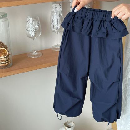 Toddler Girl Solid Color Ruffle Waist Drawstring Cuff Pants - Navy - 10-11T - image 2