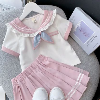 Toddler Kid Girl Sailor Ruffle Collar Tee and Skirt 2-piece Set - Pink - 10-11T - image 2