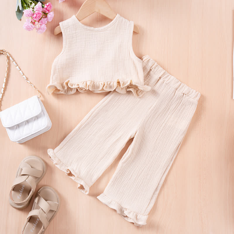 Toddler Girl Solid Color Crinkled Sleeveless Ruffle Hem Top and Pants 2-piece Set - Beige - 5-6Y - image 1