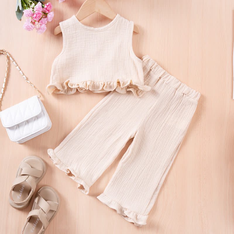 Toddler Girl Solid Color Crinkled Sleeveless Ruffle Hem Top and Pants 2-piece Set - Beige - 5-6Y - image 1