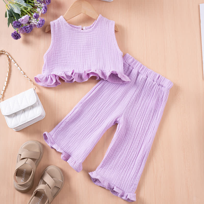 Toddler Girl Solid Color Crinkled Sleeveless Ruffle Hem Top and Pants 2-piece Set - Purple - 5-6Y - image 2