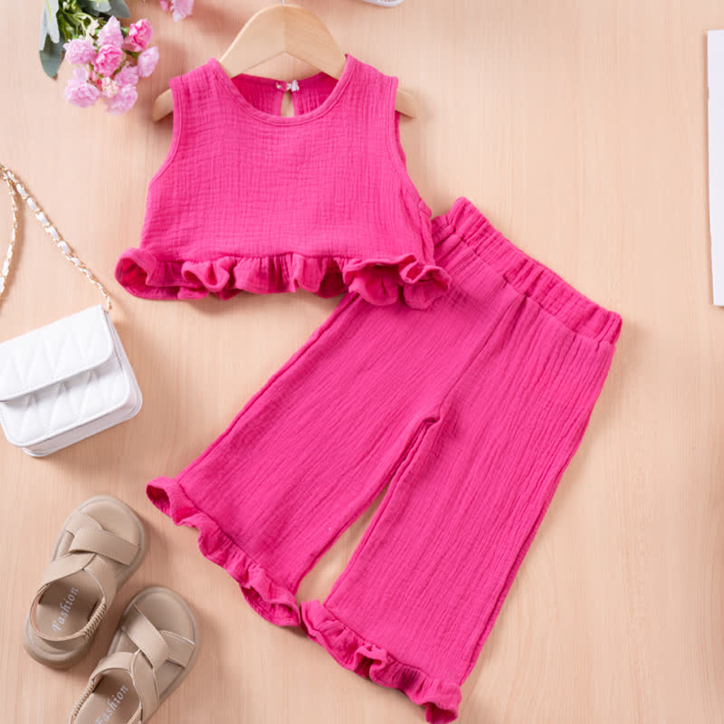 Toddler Girl Solid Color Crinkled Sleeveless Ruffle Hem Top and Pants 2-piece Set - Pink - 5-6Y - image 3