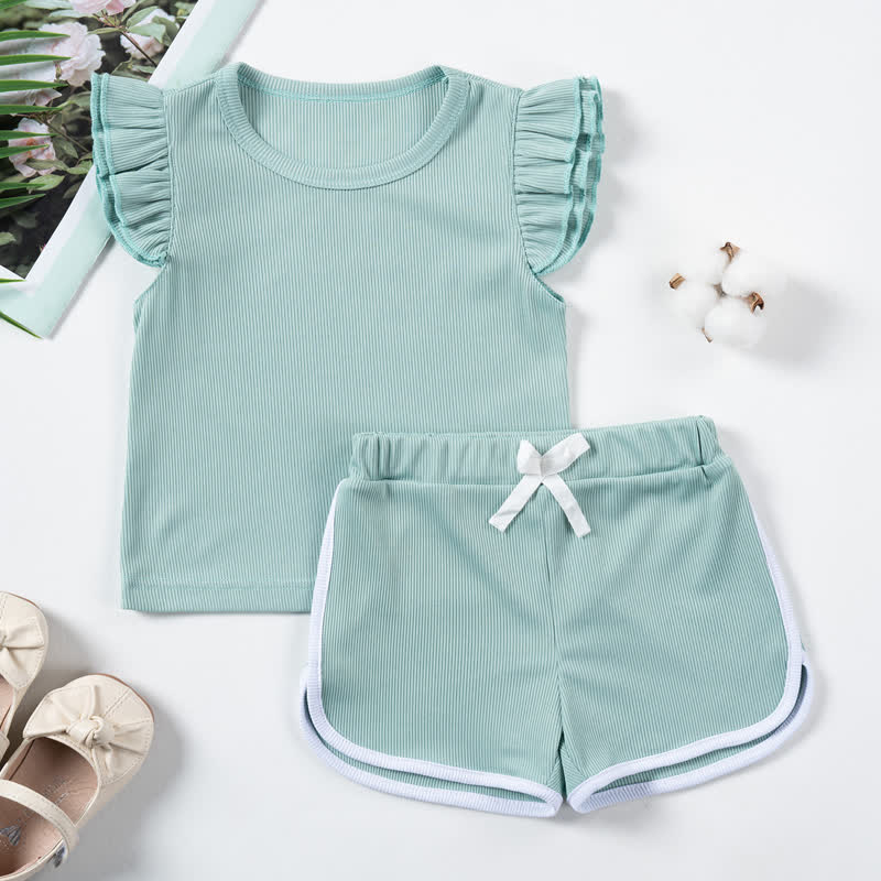 Toddler Girls Ribbed Ruffle Top and Shorts 2-piece Set - Green - 5-6Y - image 2