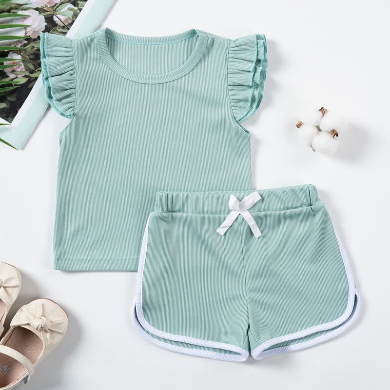 Toddler Girls Ribbed Ruffle Top and Shorts 2-piece Set - Green - 5-6Y - image 2