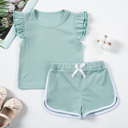 Toddler Girls Ribbed Ruffle Top and Shorts 2-piece Set - Green - 5-6Y - image 2