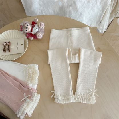 Toddler Girl Lace Hem Bow Leggings - White - 6.5-8T - image 2