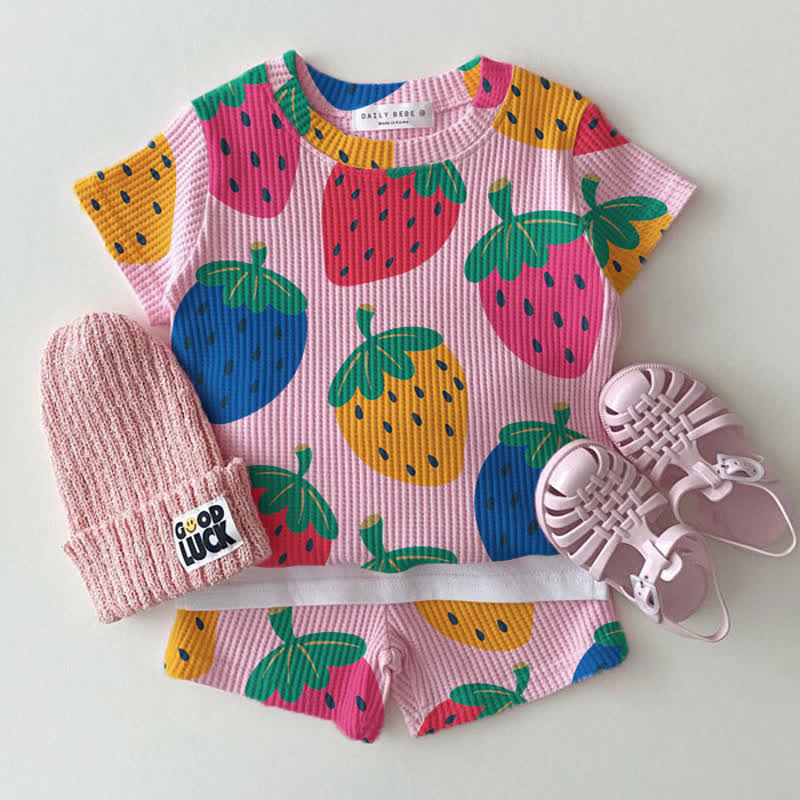 Baby Pink Strawberry Print Waffle Tee and Shorts 2-piece Set - Pink - 2-3T - image 1