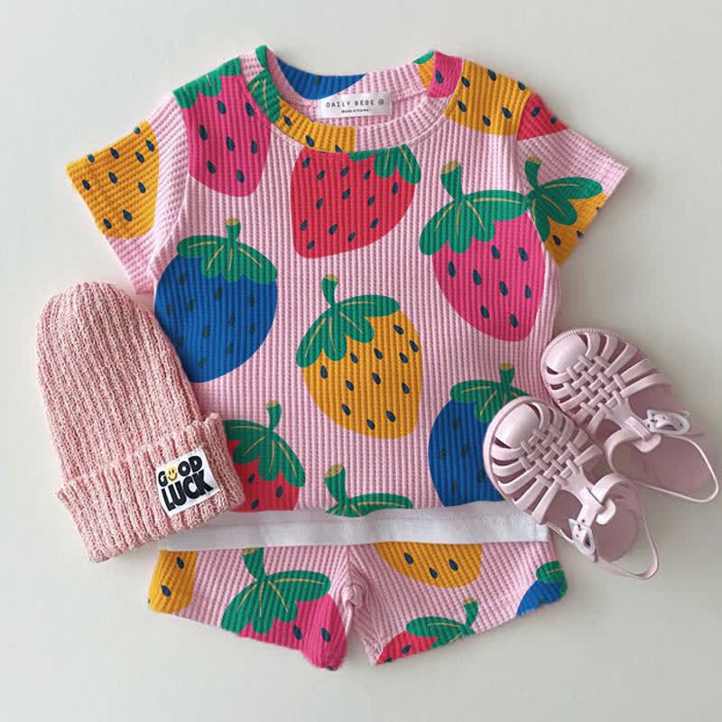 Baby Pink Strawberry Print Waffle Tee and Shorts 2-piece Set - Pink - 2-3T - image 1