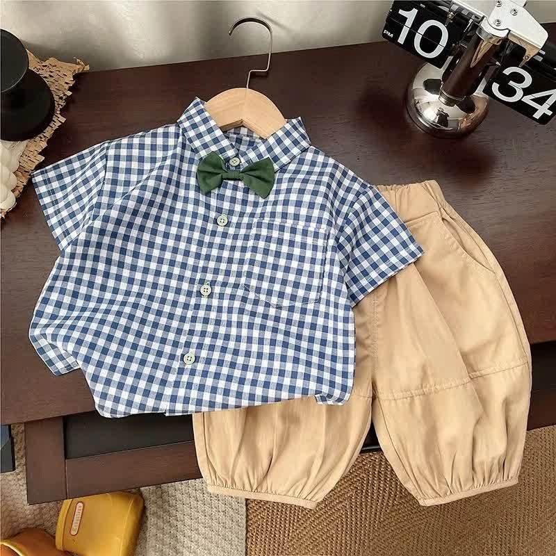 Toddler Baby Blue Gingham Bow Tie Top and Beige Pants 2-piece Set - Blue&Beige - 4-5T - image 1