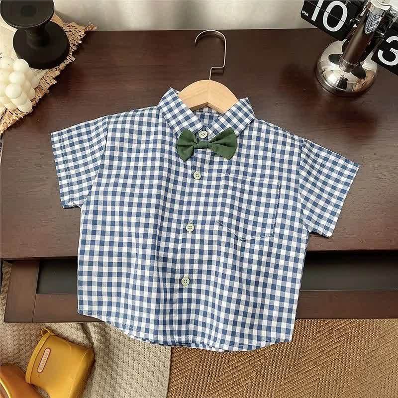 Toddler Baby Blue Gingham Bow Tie Top and Beige Pants 2-piece Set - image 3
