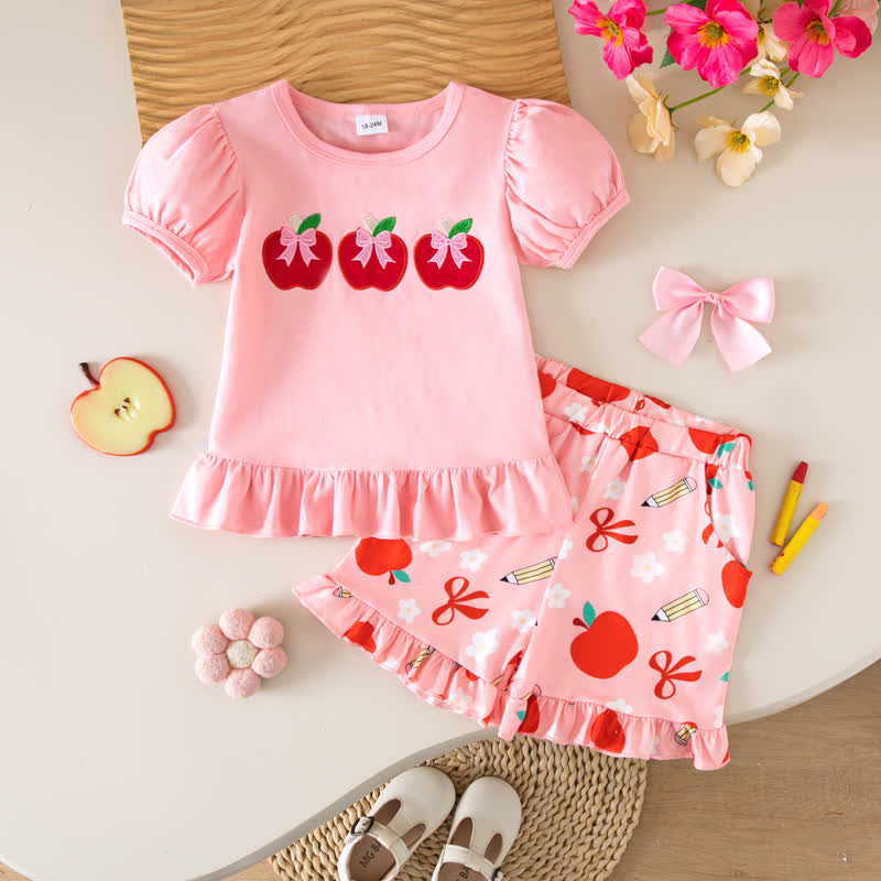 Toddler Baby Girl Pink Apple&Bow Top and Shorts 2-piece Set - Pink - 5-6Y - image 1