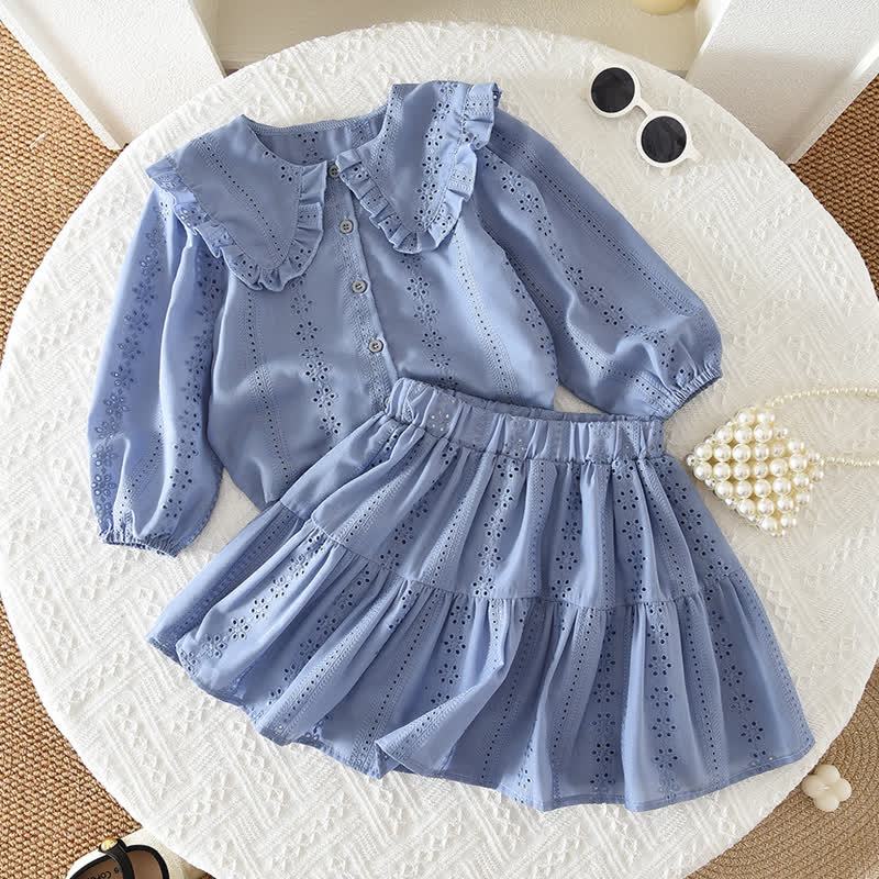 Toddler Baby Girl Solid Color Eyelet Ruffle Collar Top and Skirt 2-piece Set - image 1
