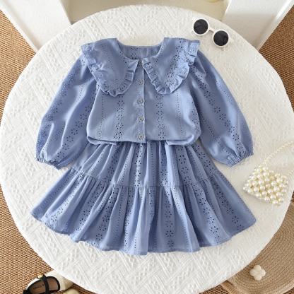 Toddler Baby Girl Solid Color Eyelet Ruffle Collar Top and Skirt 2-piece Set - Blue - 6Y - image 2