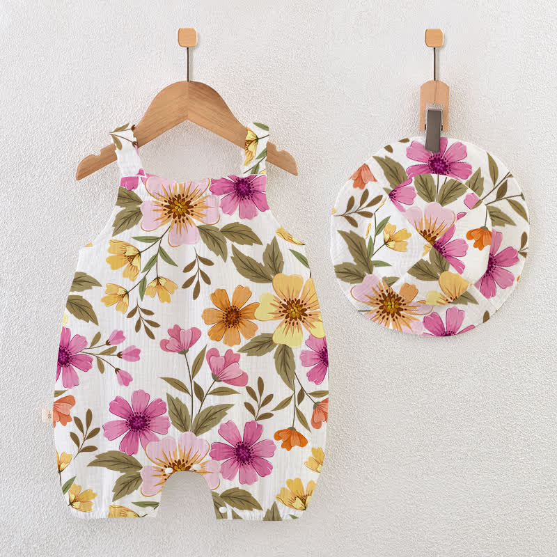 Baby Flower Print Romper with Hat - White - 18-24M - image 1