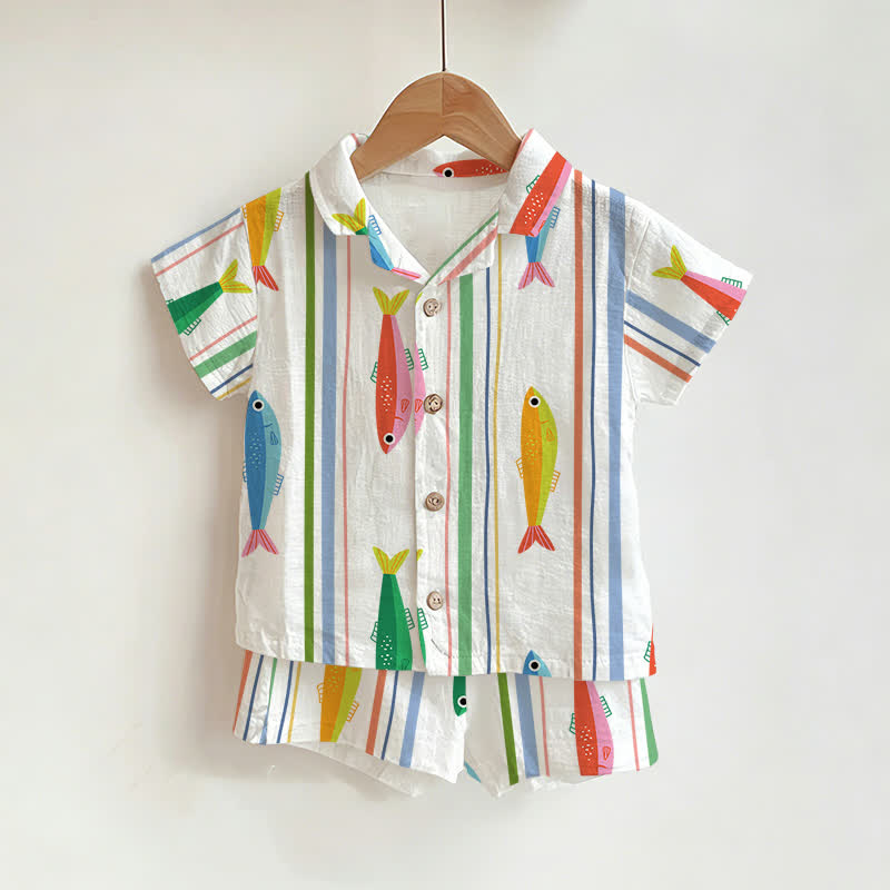 Baby Toddler Boys Fish Striped Shirt and Shorts 2-piece Set - White - 3-5T - image 1