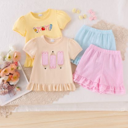 Toddler Baby Girls Pencil Applique Top and Shorts 2-piece Set - image 1