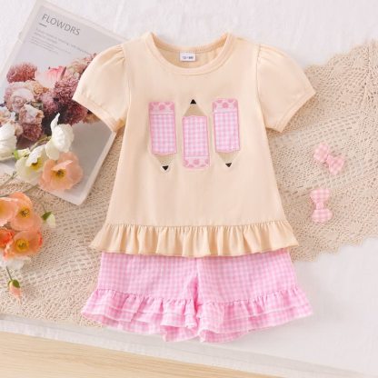 Toddler Baby Girls Pencil Applique Top and Shorts 2-piece Set - Beige - 4-5T - image 2