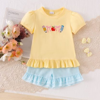 Toddler Baby Girls Pencil Applique Top and Shorts 2-piece Set - Yellow - 4-5T - image 3