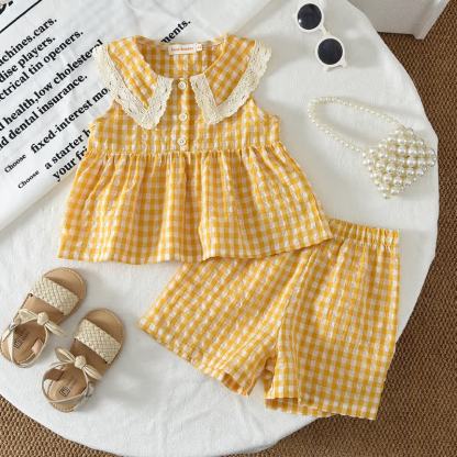 Toddler Girl Yellow Gingham Lace Collar Sleeveless Top and Shorts 2-piece Set - Yellow - 7Y - image 1